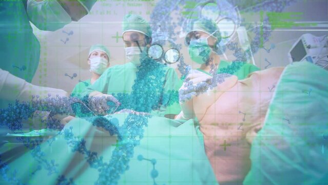 Animation of medical data processing over team of surgeons performing operation at hospital