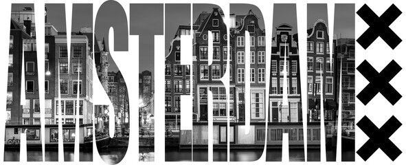 Amsterdam in letters with buildings as background