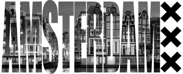 Amsterdam in letters with buildings as background
