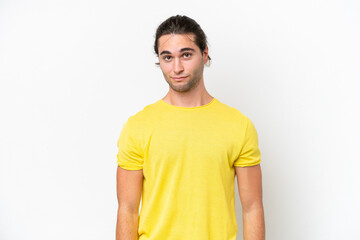 Caucasian handsome man isolated on white background with sad expression