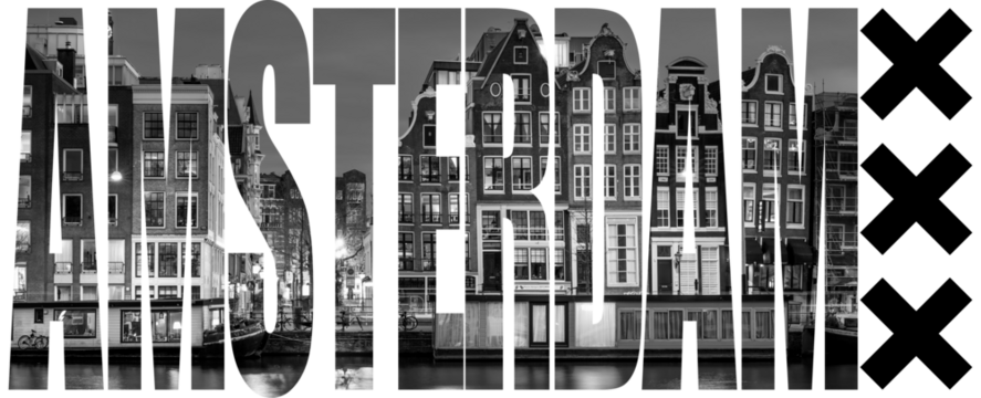 Amsterdam in letters with buildings as background