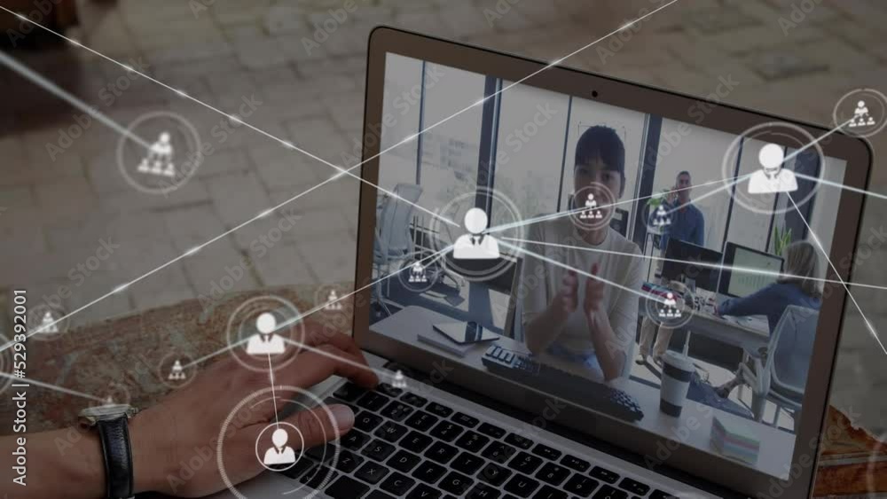 Poster animation of network of profile icons over rear view of man having a video call on laptop at cafe