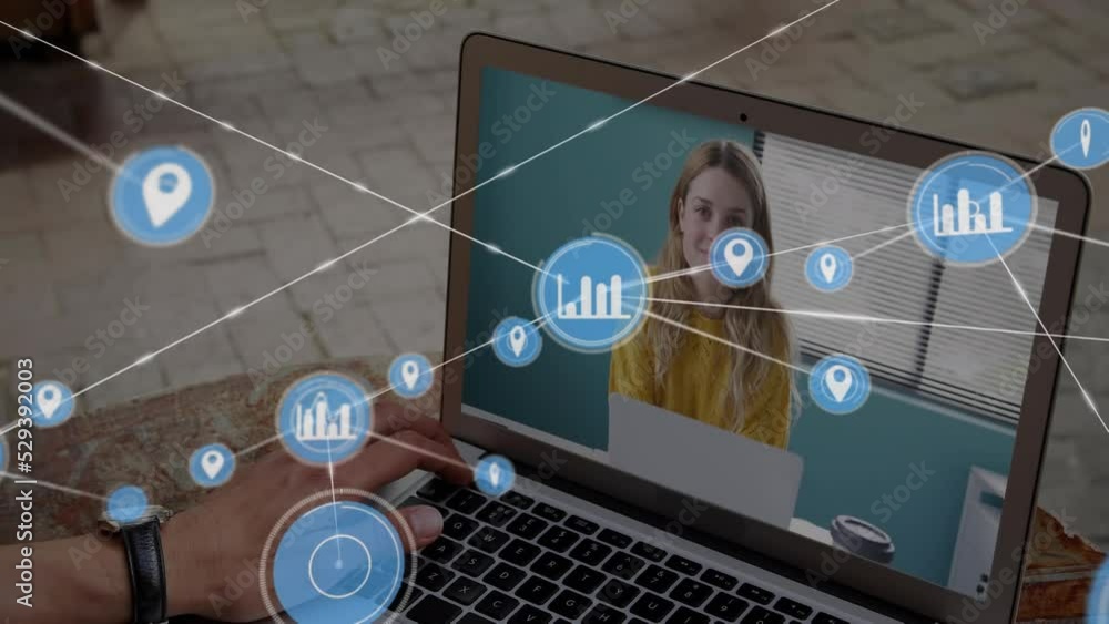 Poster animation of network of profile icons over rear view of man having a video call on laptop at cafe