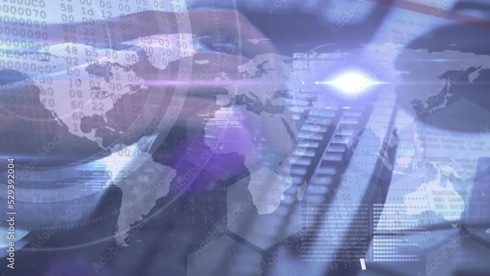 Poster animation of data processing over world map against close up of person typing on keyboard