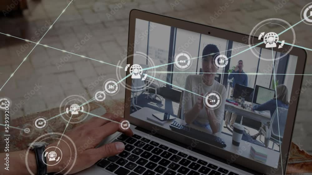 Poster animation of network of profile icons over rear view of man having a video call on laptop at cafe