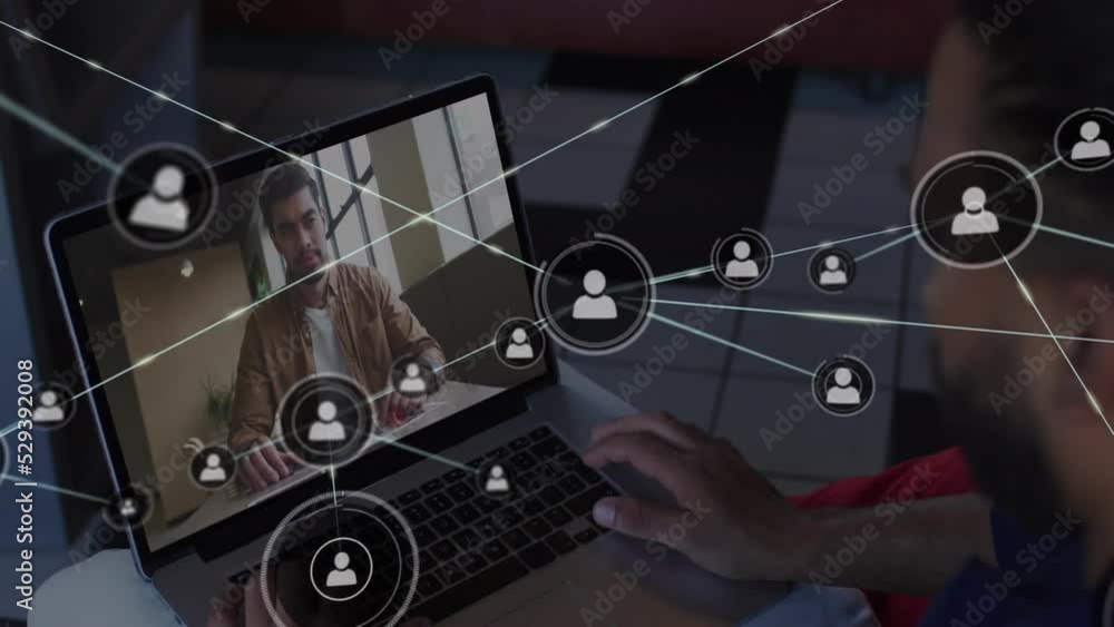 Poster Animation of network of profile icons over rear view of biracial man having a video call on laptop