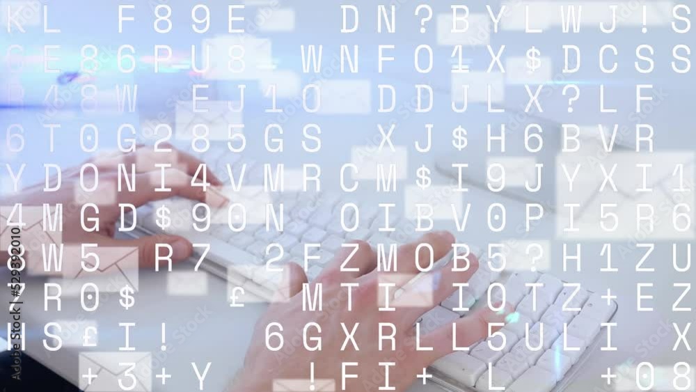 Poster animation of multiple message icons and data processing over close up of person typing on keyboard