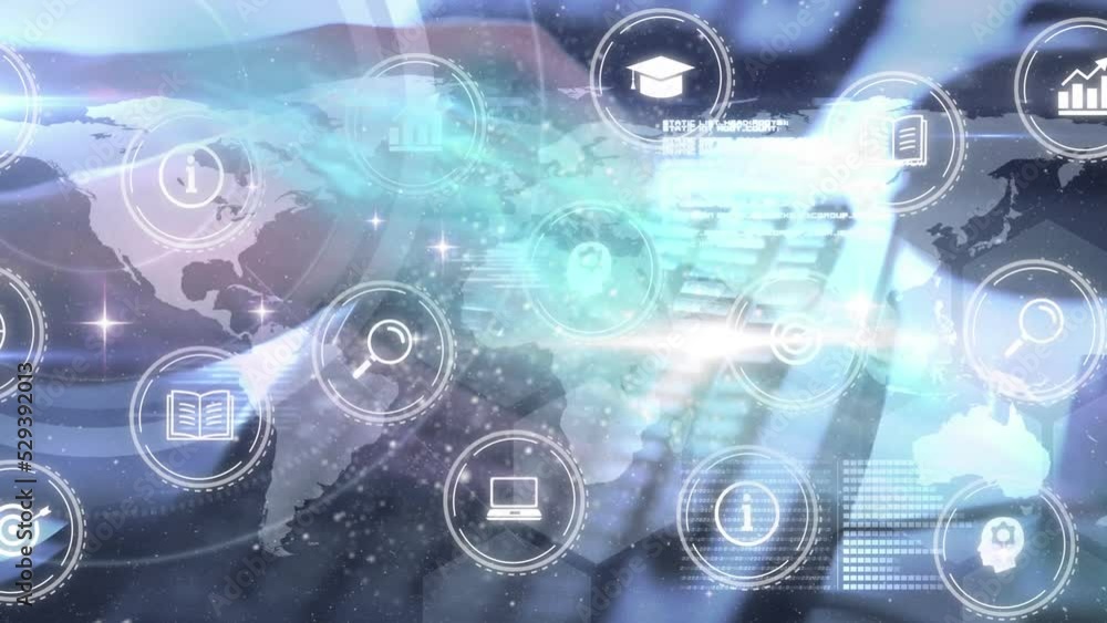 Aufkleber animation of digital icons over world map against close up of person typing on keyboard