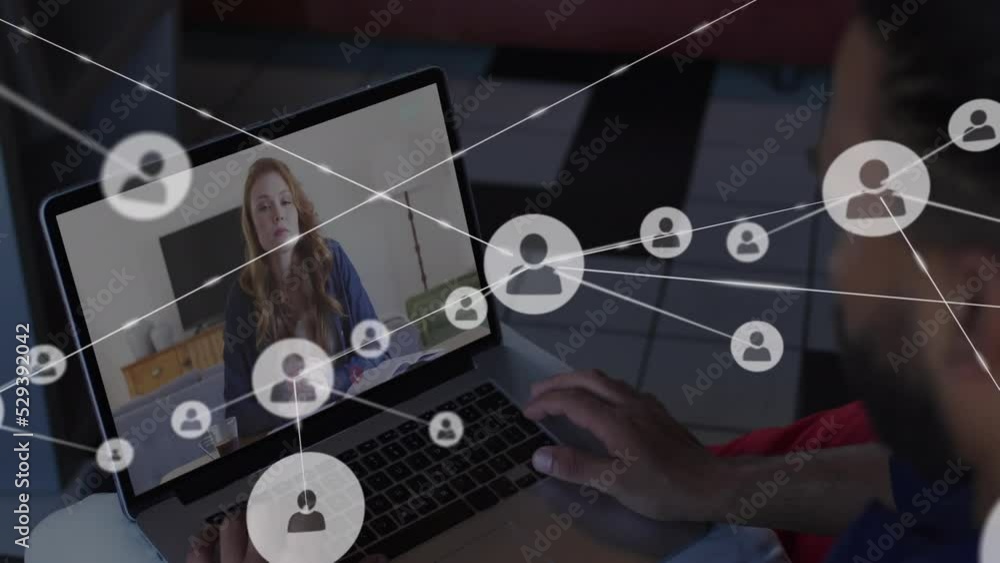 Poster animation of network of profile icons over rear view of biracial man having a video call on laptop