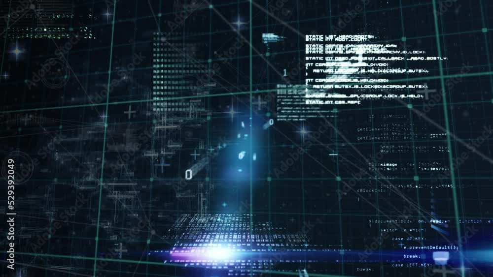 Poster animation of blue light spot and data processing over grid network against blue background