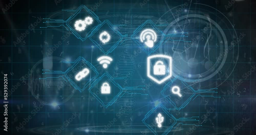 Poster animation of digital icons over data processing and network of connections on blue background