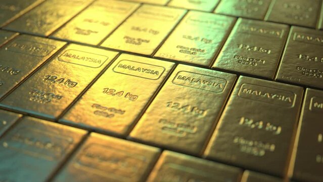 MALAYSIA text on gold ingots. Seamless looping 3d animation