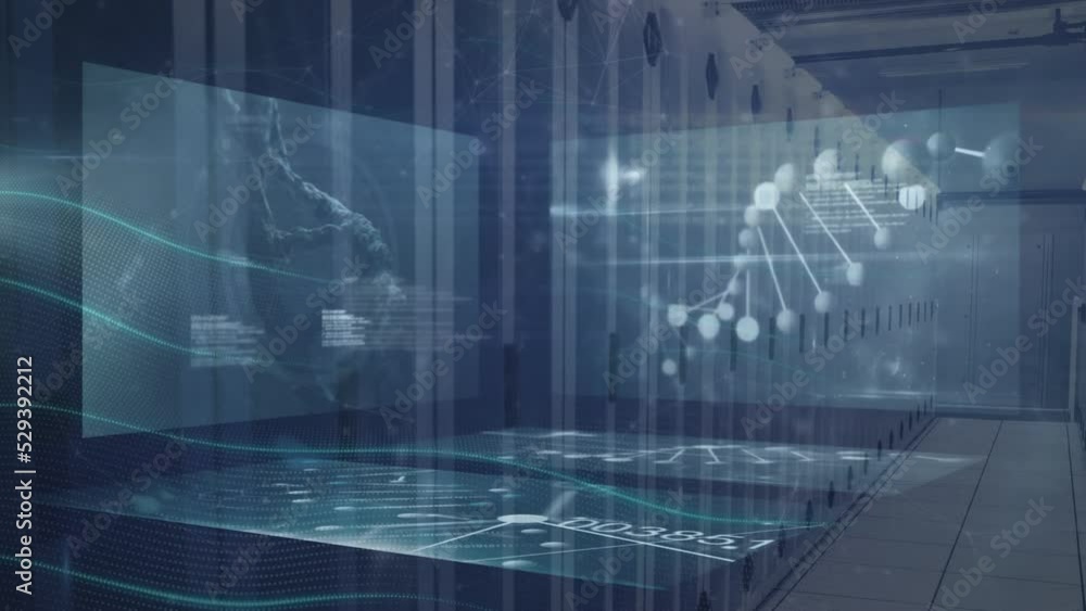Poster animation of screens with medical data processing against computer server room