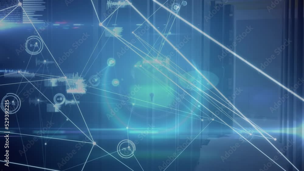 Poster animation of network of connections and data processing over light trails against blue background
