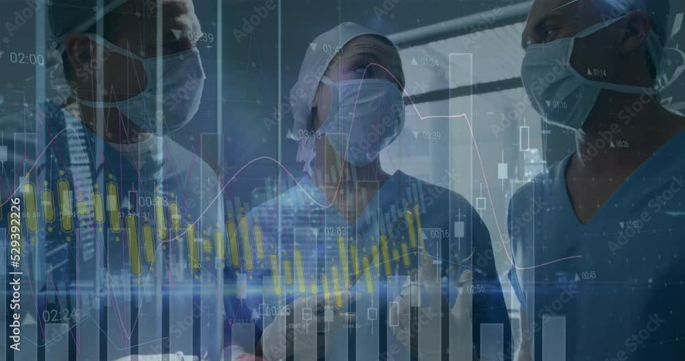 Poster animation of statistical data processing over team of surgeons performing operation at hospital