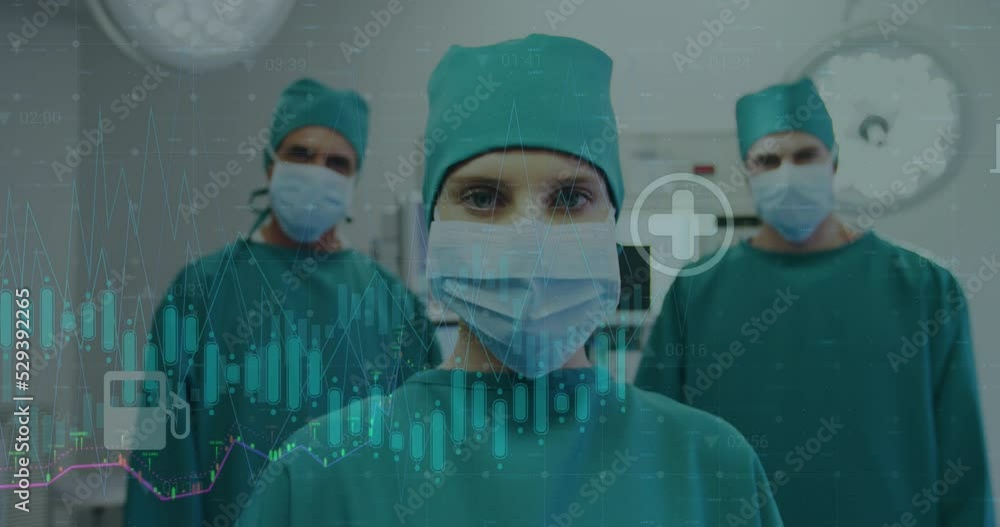 Poster animation of statistical data processing over team of surgeons in operation theatre at hospital
