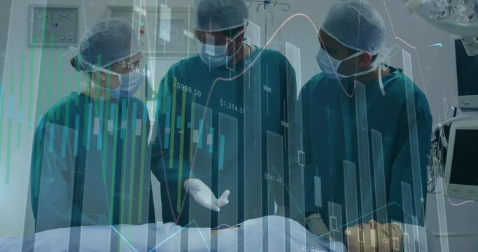 Animation of statistical data processing over team of surgeons performing operation at hospital