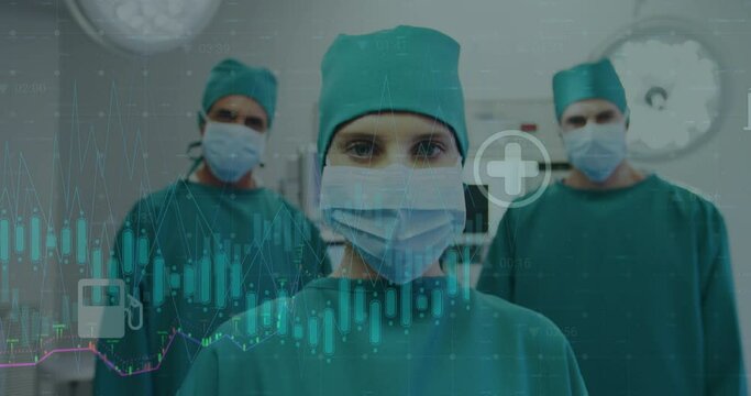 Animation of statistical data processing over team of surgeons in operation theatre at hospital