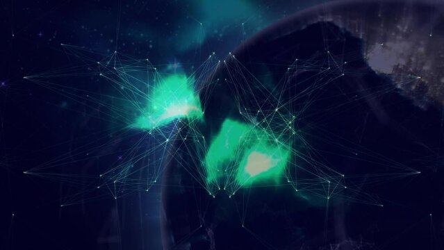 Animation Of Network Of Connections Over Green Digital Wave Against Spinning Globe