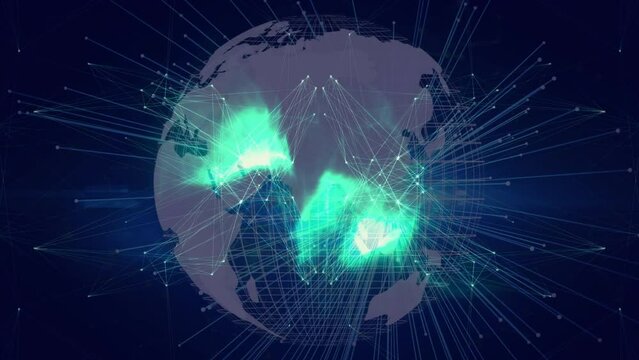 Animation Of Network Of Connections Over Green Digital Wave Against Spinning Globe