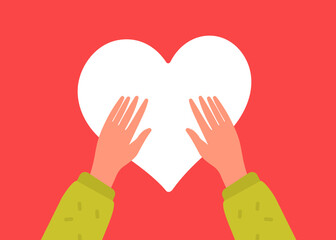 Vector kindness donation and charity illustration with hand with white shape heart on red color background. Flat style romantic design with heart of sharing love for Valentine's Day