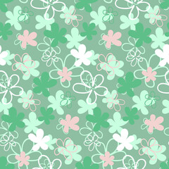 Floral floral seamless pattern on green background, cute childish vector illustration with flower, heart and leaf