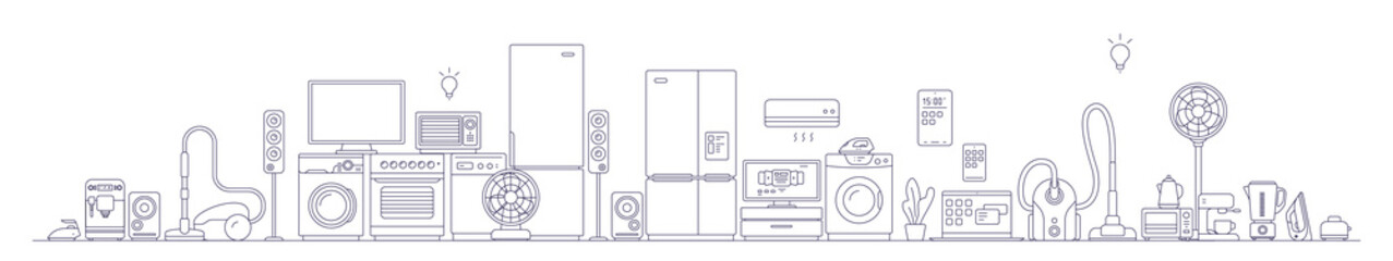Vector illustration of different appliance on white background. Black line art style appliance collection design