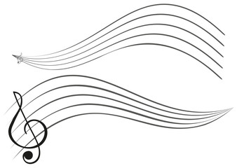Set of hand drawn blank music staff and treble clef design on white background. Vector illustration element isolated for sound, song, presentation, banner, poster, audio, cover, card design and more.