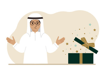 A arabic man next to an open gift. The concept of a holiday, surprise, promotion, discount.