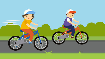 Fototapeta premium two boys ride bicycles on the path
