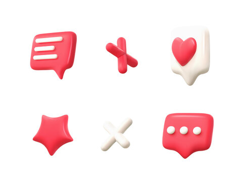 Social media icons collection like, heart, message, speech bubbles and star red and white design elements