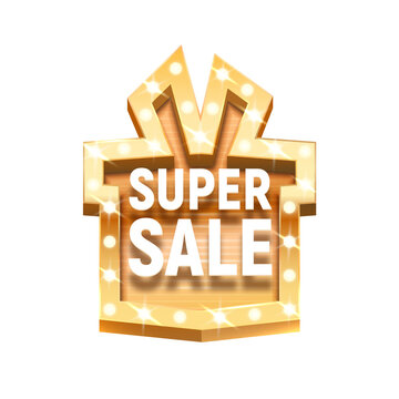 Mega sale gift box like golden retro board broadway sign illustration. Special offer discount icon