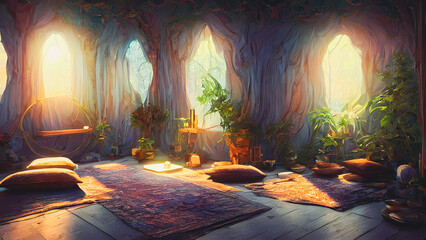 Artistic concept painting of a beautiful meditation interior, background illustration.