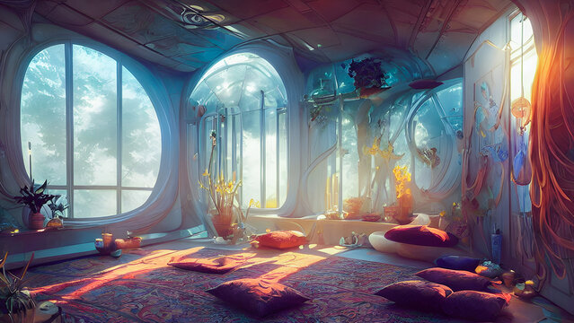 Artistic concept painting of a beautiful meditation interior, background illustration.
