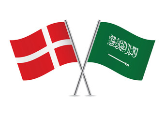 Denmark and Saudi Arabia crossed flags. Danish and Saudi Arabian flags on white background. Vector icon set. Vector illustration.