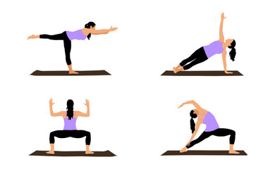 The girl shows four poses in yoga on the mat. Vector illustration