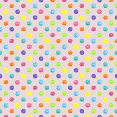Seamless pattern bright colorful dots drawn with wax crayons on a light pink background. For fabric, sketchbook, wallpaper, wrapping paper.