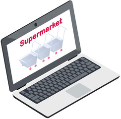 Online sales technologies, web commerce digital supermarket. Customer makes purchases remotely pays for them with online banking application. Isometric open laptop with shopping cart on screen