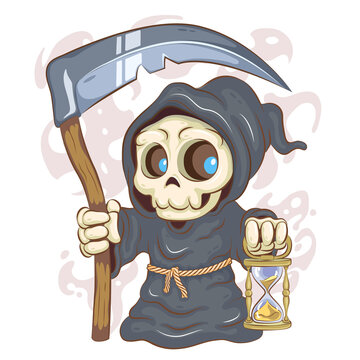 recommend clip art: Cute Cartoon Reaper. Cute illustration of a reaper in a robe with a scythe. Halloween mascot cartoon. Positive and unique design.