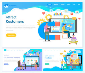 Customer attraction landing page template, analysis of consumer demand, get customer feedback flat vector banners set. Digital inbound marketing, work with consumers, business team analyzes consuming