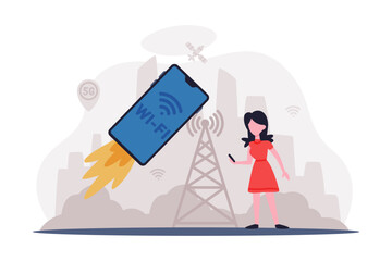 5G network wireless technology. Girl with mobile phone using high speed mobile internet cartoon vector illustration