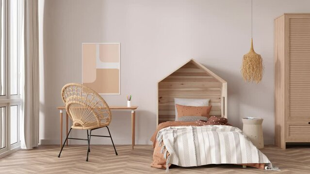 Kids room interior in boho style. Modern childrens room interior design, planning. Wooden bed, desk, rattan chair, wardrobe. Cozy room for kids. Interior designer. 3D rendering.