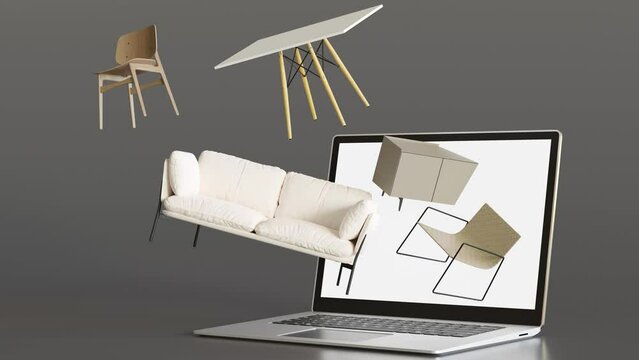 Laptop with flying furniture. Shopping online. Furniture shop, interior details. Furnishings sale or interior project concept. Buy sofa, table, chair, commode via internet. E-commerce. 3d rendering.