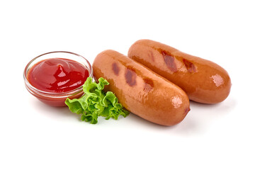 Grilled sausages, isolated on white background.