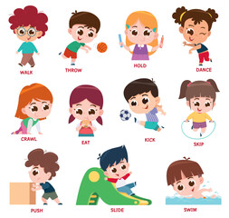 The image shows twelve children engaging in different activities, each representing a common action verb. 