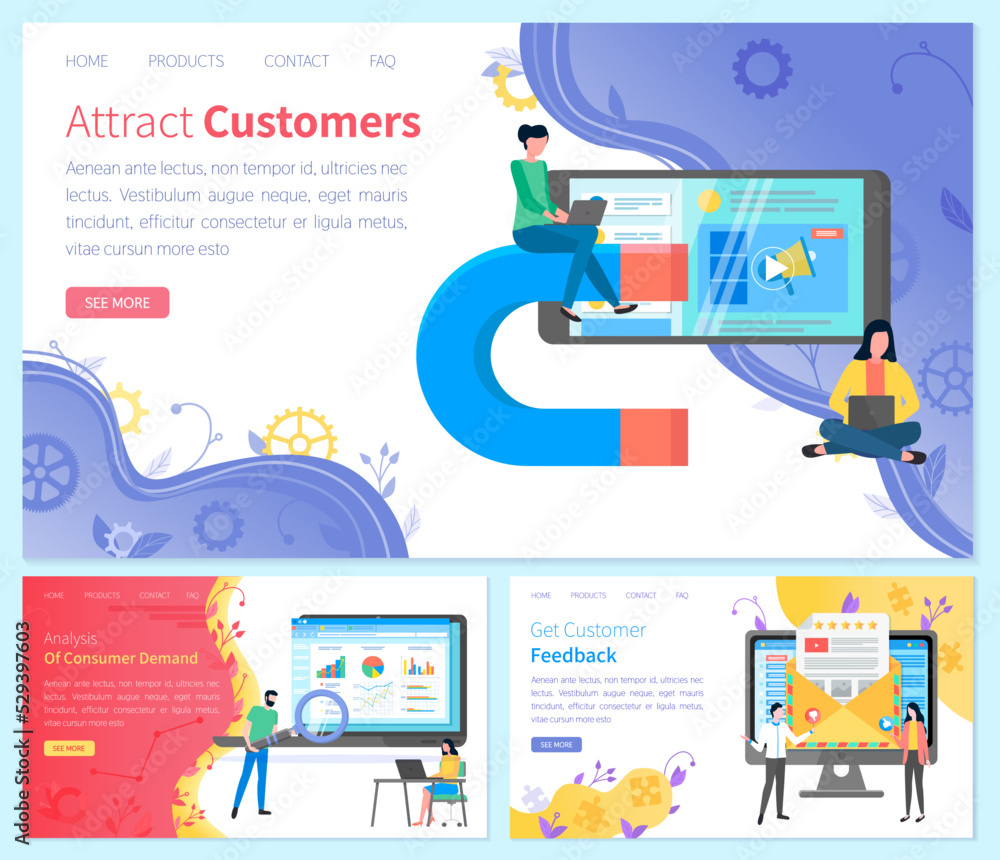 Poster set of web page design templates for consumer demand anaysis, getting feedback and customer attracti