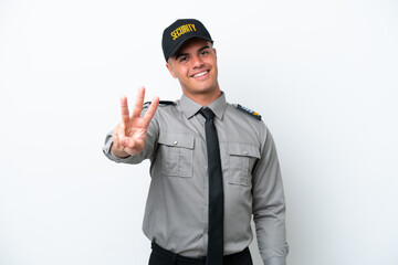 Young caucasian security man isolated on white background happy and counting three with fingers