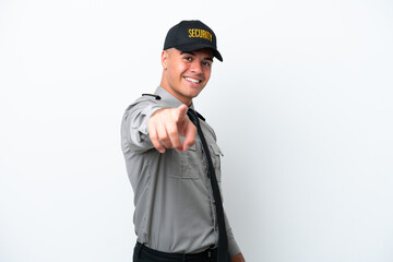 Young caucasian security man isolated on white background points finger at you with a confident expression