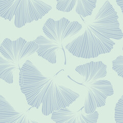 Gingko biloba seamless background pattern. Line blue leaves background.