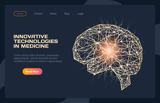 Research of human body, innovative technologies in medicine concept. Anatomy, diagnostics of organ systems. Anatomical brain with area of pain 3D image for website. Template of medical web page